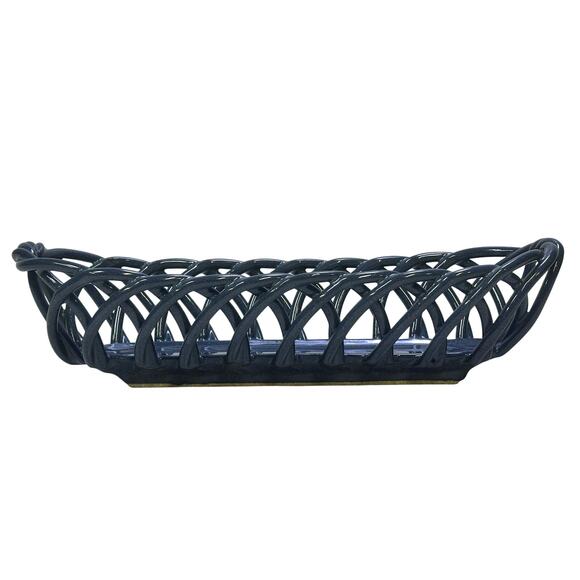 Ceramic Open Woven Weave Blue Bread Baguette 15.5" Centerpiece Basket-Exquisite - Picture 3 of 5